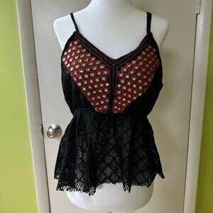 NWT - RAGA - Black Lace Top with rhinestone